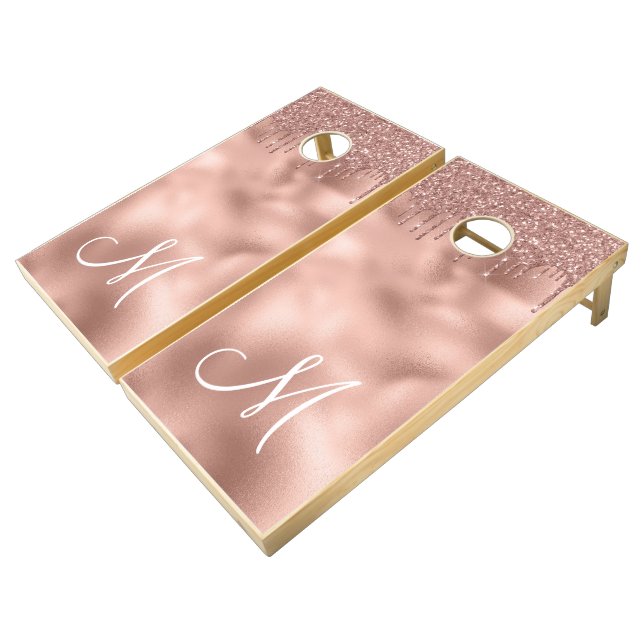 Rose Gold Glitter Drips Monogram Cornhole Set (Angled)