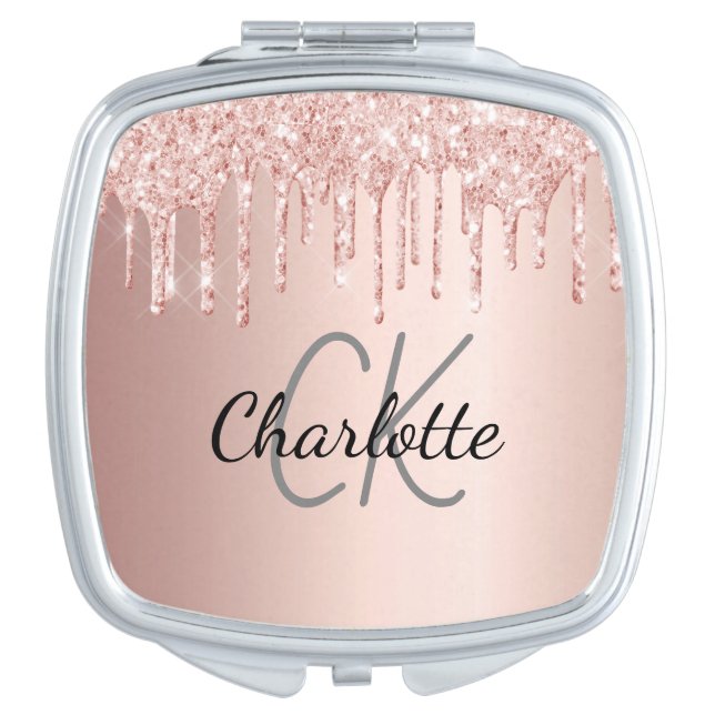 Rose gold glitter drips monogram elegant compact mirror (Front)