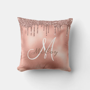 Rose Gold Glitter Drips Monogram Family Name Throw Pillow