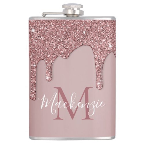 Rose Gold Glitter Drips Monogram Flask