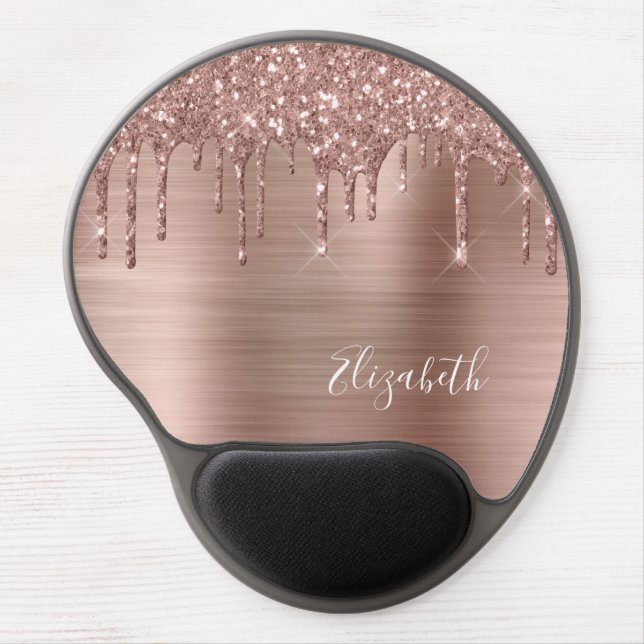 Rose Gold Glitter Drips Monogram Gel Mouse Pad (Front)