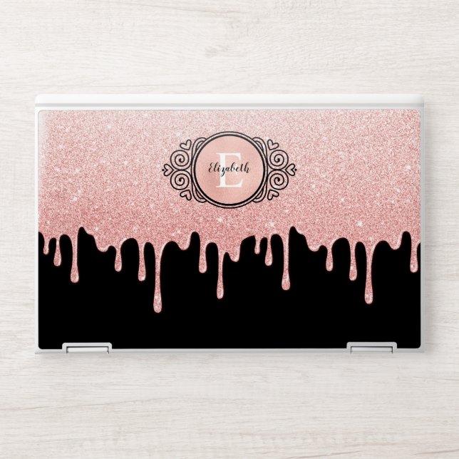Rose Gold Glitter Drips Monogram HP Laptop Skin (Front)