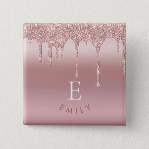 Rose Gold Glitter Drips Monogram Initial Name Button