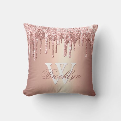 Rose Gold Glitter Drips Monogram Initial Throw Pillow