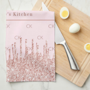 Rose gold glitter drips monogram initials name kitchen towel