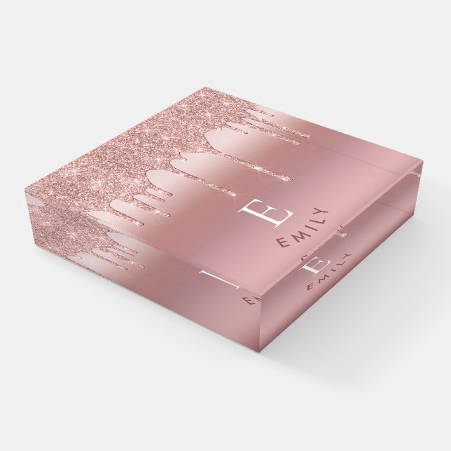 Rose Gold Glitter Drips Monogram initials name Paperweight (Angled)