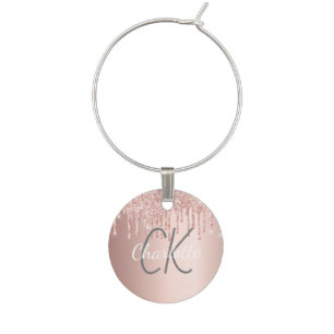 Rose gold glitter drips monogram initials name wine charm