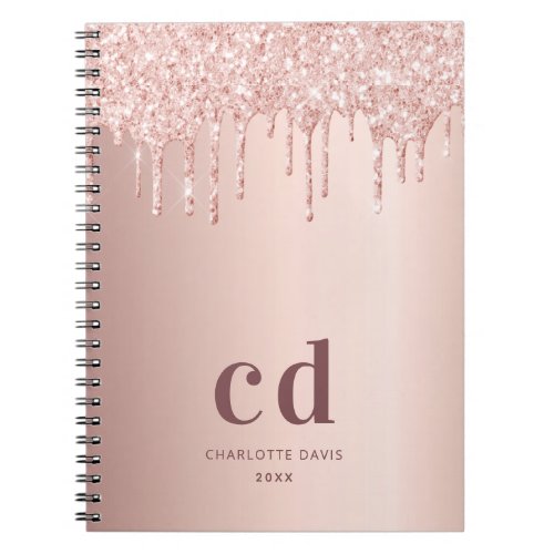 Rose gold glitter drips monogram initials notebook