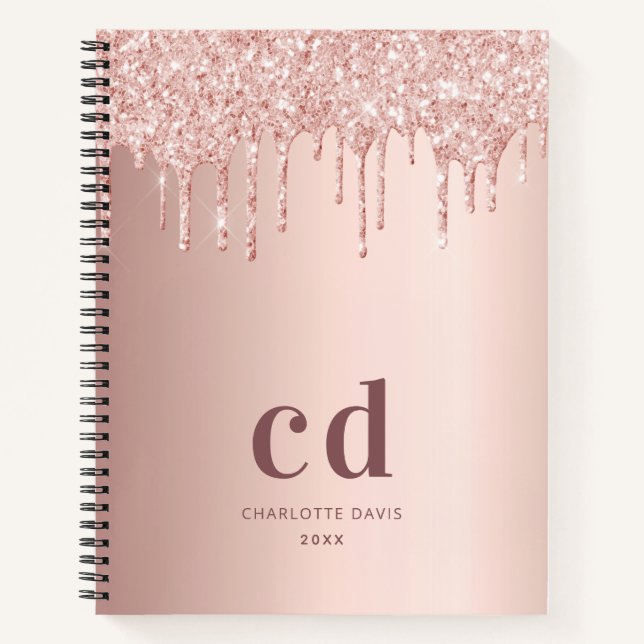 Rose gold glitter drips monogram initials notebook (Front)