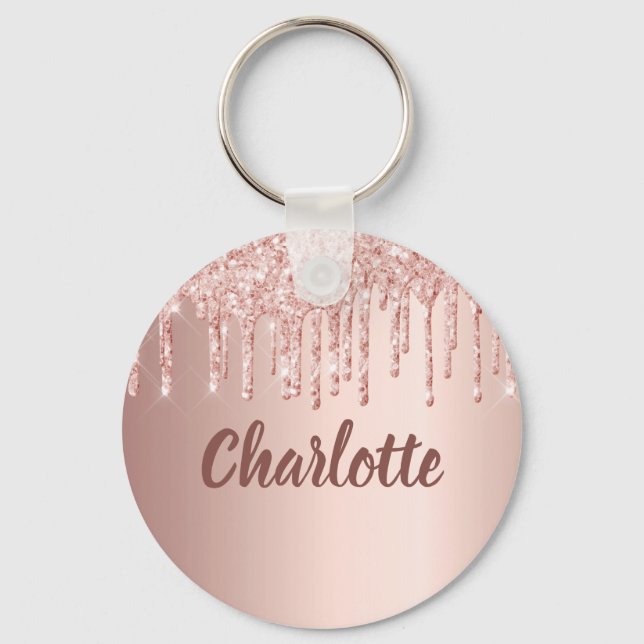 Rose gold glitter drips monogram keychain (Front)
