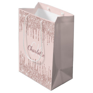 Rose gold glitter drips monogram luxury medium gift bag