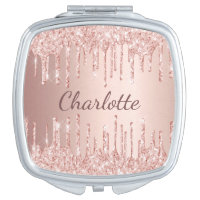 Monogram Metallic Rose Gold Pink Glitter Drips Compact Mirror