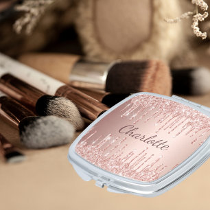 Rose gold glitter drips monogram metal elegant compact mirror