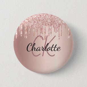 Rose gold glitter drips monogram name button