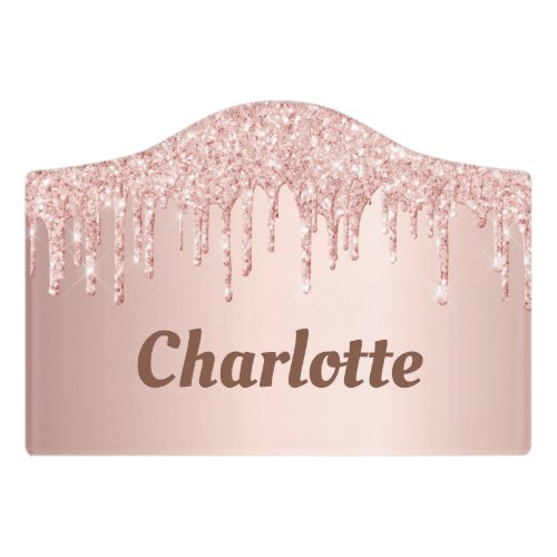 Rose gold glitter drips monogram name door sign