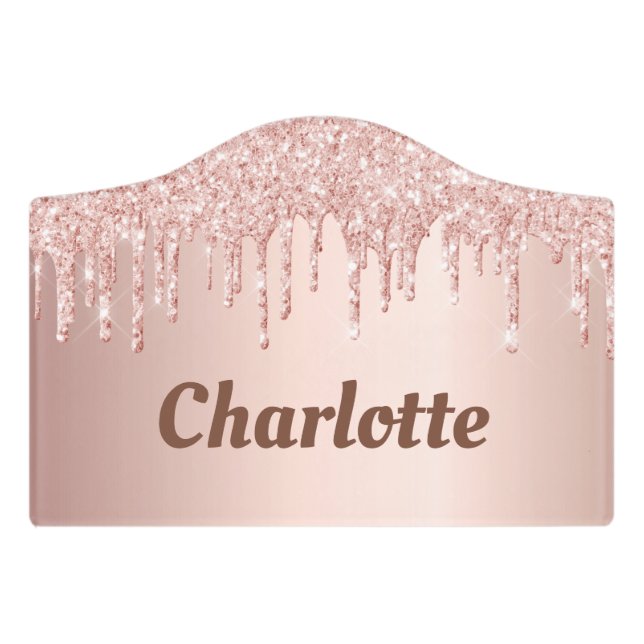 Rose gold glitter drips monogram name door sign (Small Crest Front)