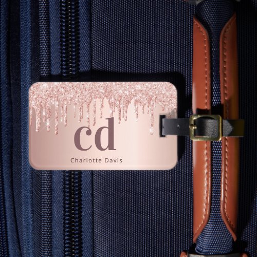 Rose gold glitter drips monogram name luggage tag