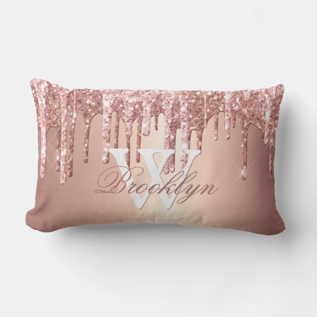 Rose Gold Glitter Drips Monogram Name  Lumbar Pillow (Front)
