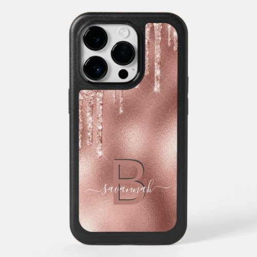 Rose gold glitter drips monogram name OtterBox iPhone 14 pro case