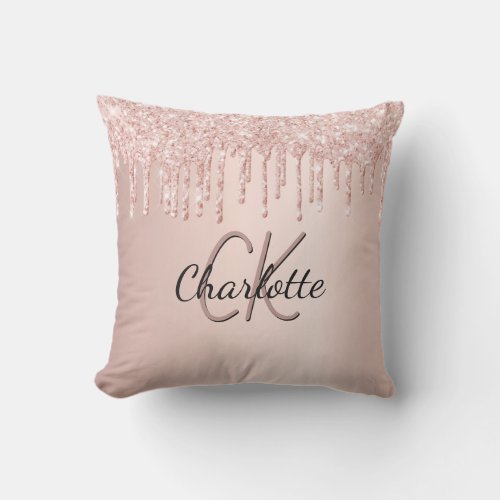 Rose gold glitter drips monogram name outdoor pillow