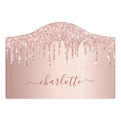 Rose gold glitter drips monogram name script door sign