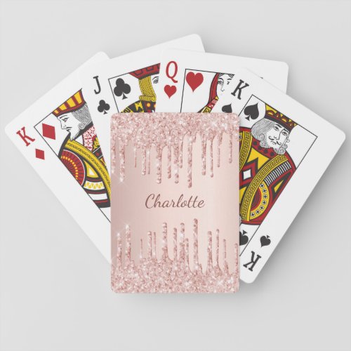 Rose gold glitter drips monogram name script playing cards