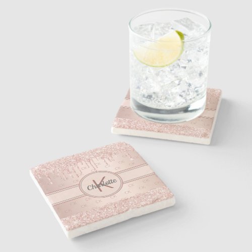 Rose gold glitter drips monogram name stone coaster