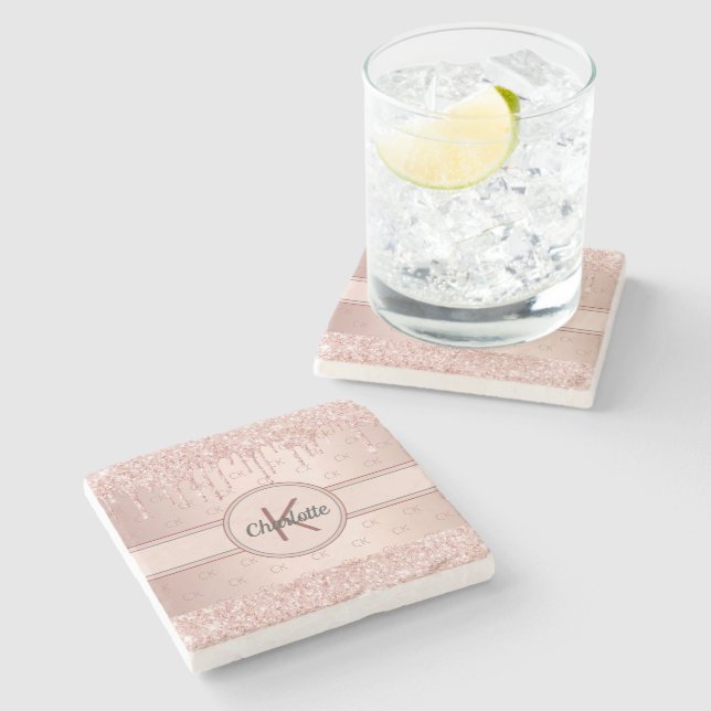 Rose gold glitter drips monogram name stone coaster (Side)