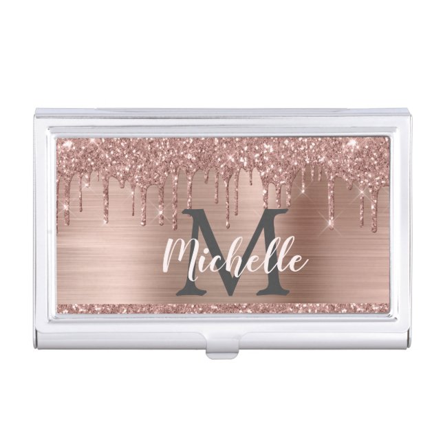 Rose Gold Glitter Drips Monogram Office Business Business Card Case (Front)