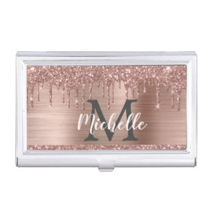 Rose Gold Glitter Drips Monogram Office Business Card Case