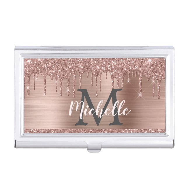 Rose Gold Glitter Drips Monogram Office Business Card Case (Front)