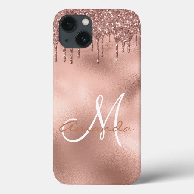 Rose Gold Glitter Drips Monogram Personalized Case-Mate iPhone Case (Back)