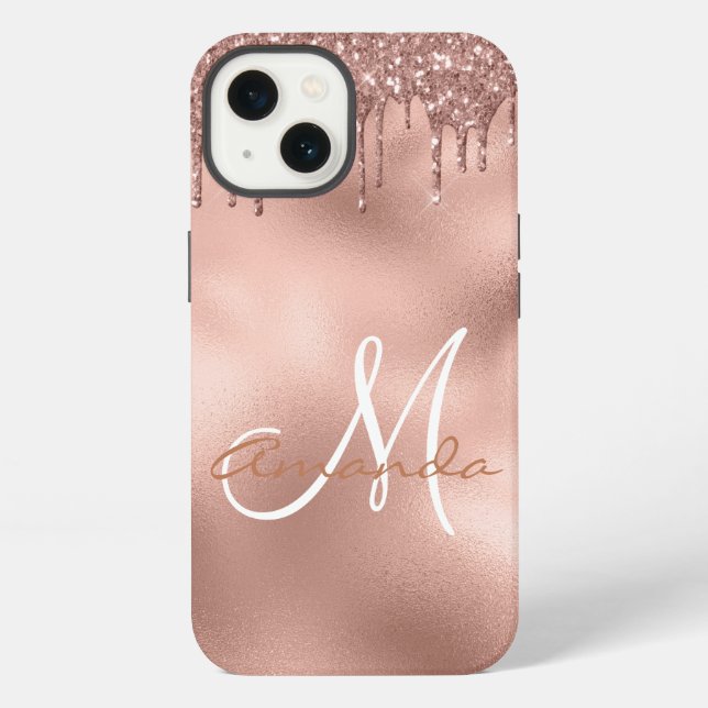 Rose Gold Glitter Drips Monogram Personalized Iphone Case (Back)