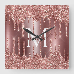 Rose Gold Glitter Drips Monogram Personalized Square Wall Clock