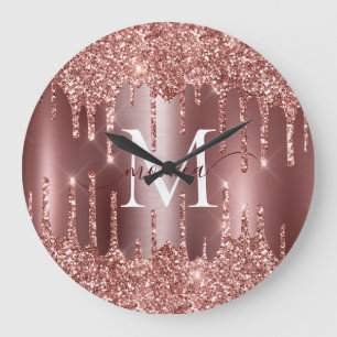 Rose Gold Glitter Drips Monogram Personalized Wall Large Clock