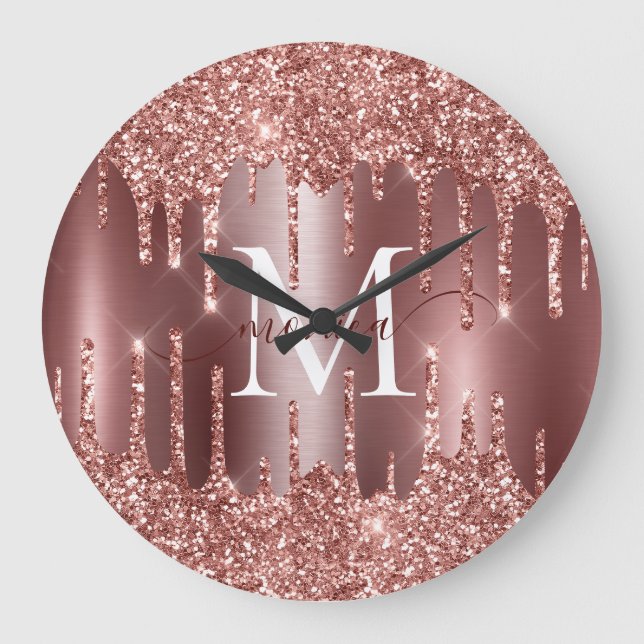 Rose Gold Glitter Drips Monogram Personalized Wall Large Clock (Front)