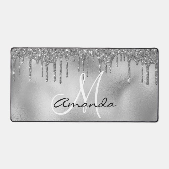 Rose Gold Glitter Drips Monogram Pink Desk Mat (Front)