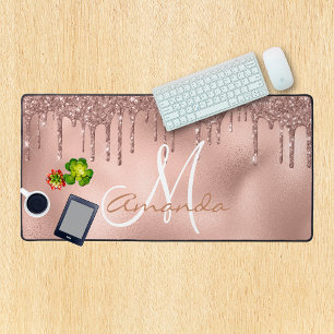 Rose Gold Glitter Drips Monogram Pink Desk Mat
