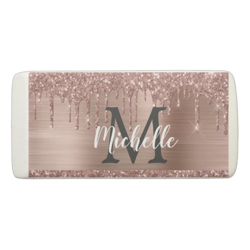 Rose Gold Glitter Drips Monogram School Office Eraser