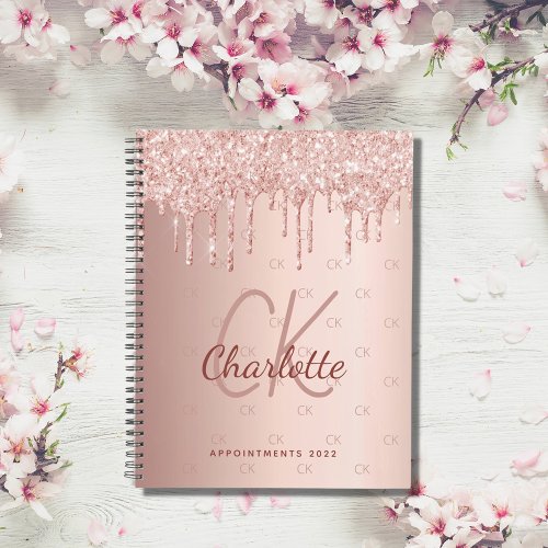 Rose gold glitter drips monogram script 2024 planner