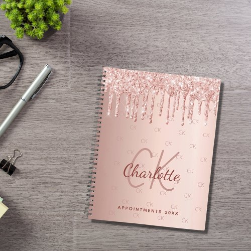 Rose gold glitter drips monogram script 2024 planner