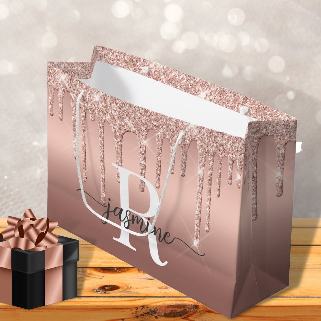 Rose Gold Glitter Drips Monogram Script Metal Large Gift Bag (Creator Uploaded)