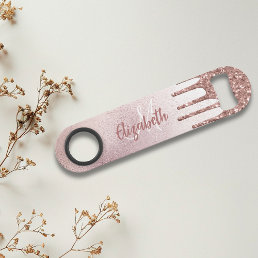 Rose Gold Glitter Drips Monogram Stylish Bar Key