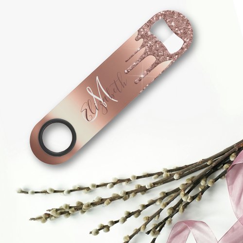 Rose Gold Glitter Drips Monogram Stylish Metal Bar Key