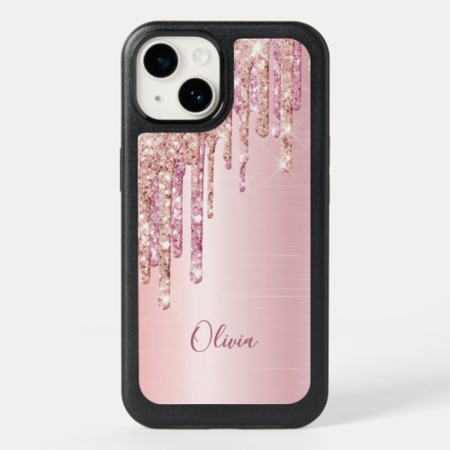 Rose gold glitter drips name girly OtterBox iPhone 14 case