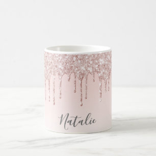 Rose gold glitter drips name girly pink coffee mug
