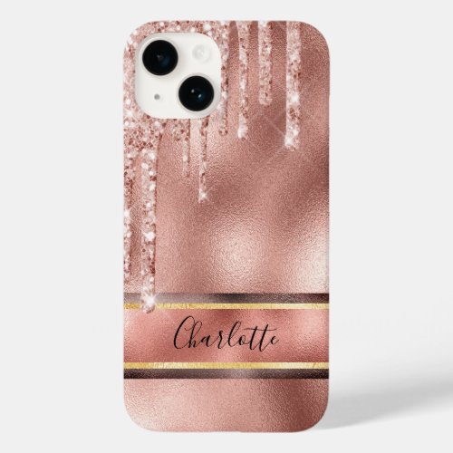 Rose gold glitter drips name glamorous Case_Mate iPhone 14 case