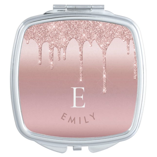 Rose Gold Glitter Drips Name Monogram Initial Compact Mirror (Front)
