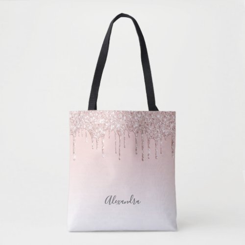 Rose gold glitter drips name script elegant tote bag