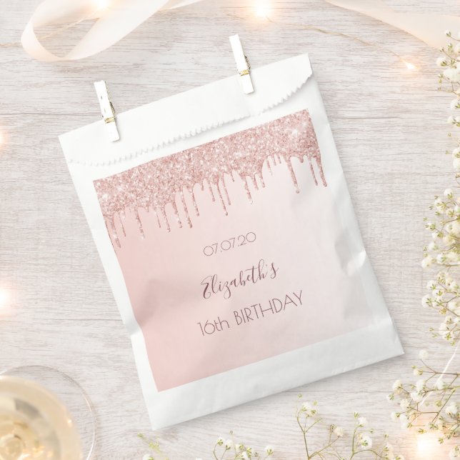 Rose gold glitter drips name Sweet 16 Favor Bag (Clipped)